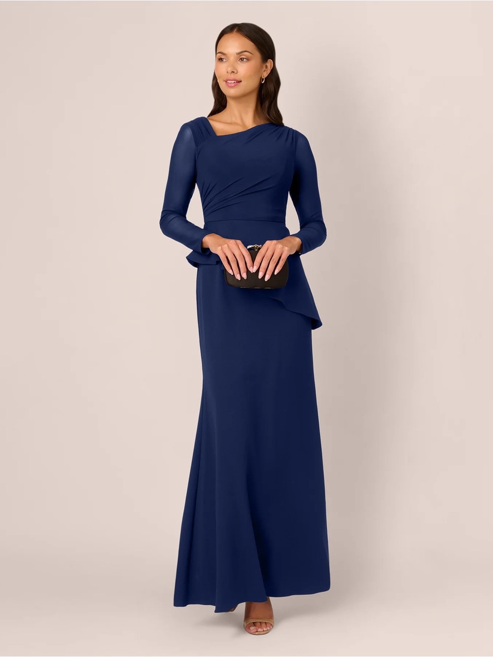 Adrianna Papell Navy Long-Sleeve Peplum Evening Gown